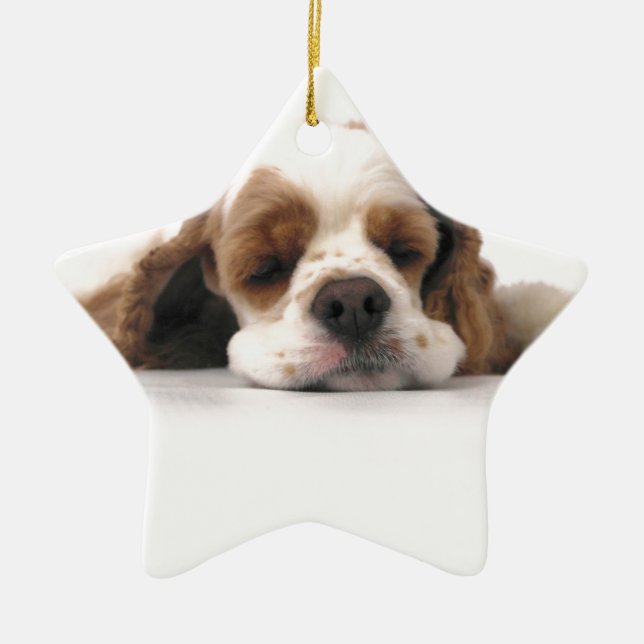 Sleeping Red/White Cocker Spaniel Ceramic Tree Decoration (Front)