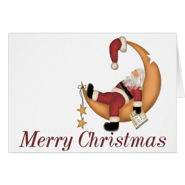 Sleeping Santa on the Moon Merry Christmas Card (Front Horizontal)