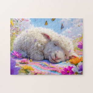 Sleeping sheep on meadow picnic blanket jigsaw puzzle
