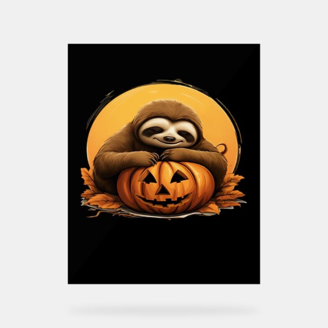 Sleeping Sloth and Halloween Pumpkin Classic T-Shi Acrylic Sign (Front)