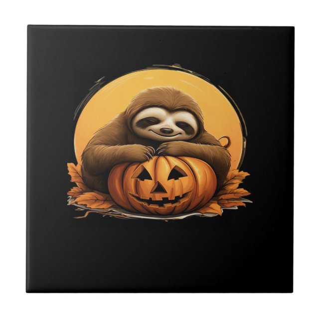 Sleeping Sloth and Halloween Pumpkin Classic T-Shi Ceramic Tile (Front)