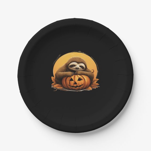 Sleeping Sloth and Halloween Pumpkin Classic T-Shi Paper Plate (Front)