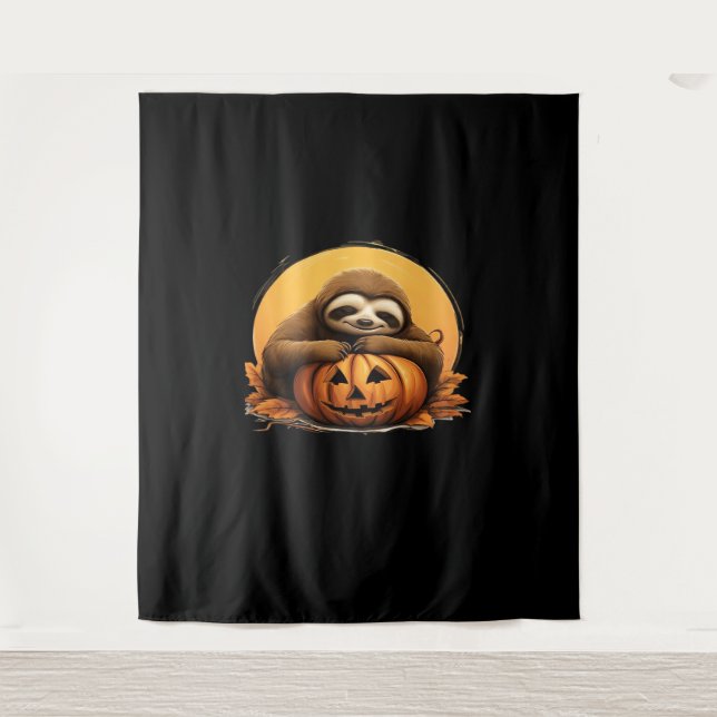 Sleeping Sloth and Halloween Pumpkin Classic T-Shi Tapestry (Front)
