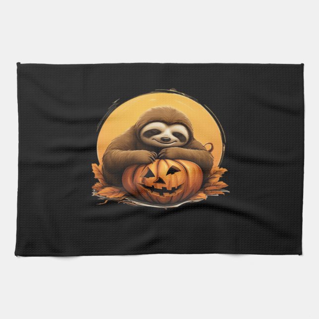 Sleeping Sloth and Halloween Pumpkin Classic T-Shi Tea Towel (Horizontal)
