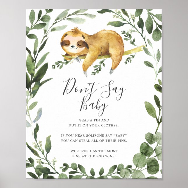 Sleeping Sloth Baby Shower Don't Say Baby Sign (Front)