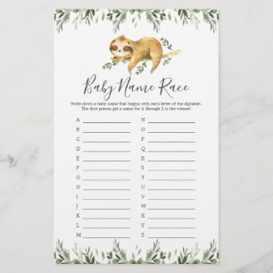 Sleeping Sloth Baby Shower Name Race Game
