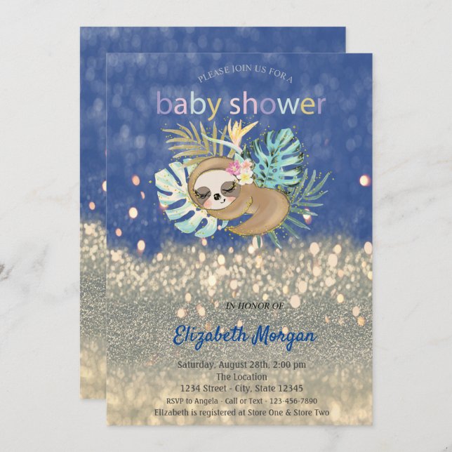 Sleeping Sloth Glitter Bokeh Baby Shower Invitation (Front/Back)