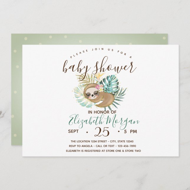 Sleeping Sloth,Palm, Polka Dots Baby Shower   Invitation (Front/Back)