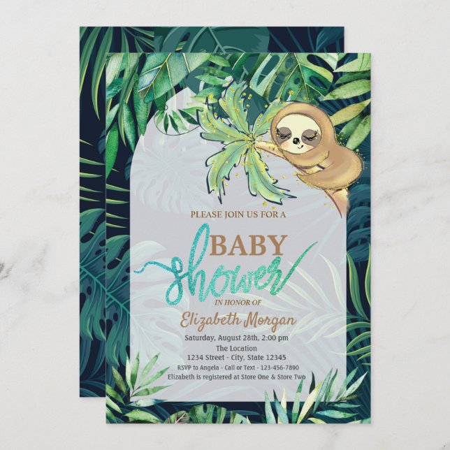 Sleeping Sloth Summer Palm Leaf Baby Shower   Invitation (Front/Back)