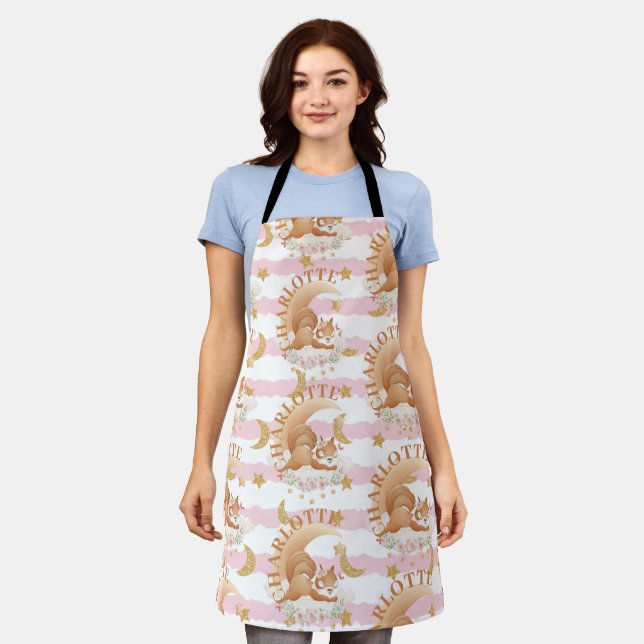 Sleeping Squirrel on Clouds Gold Moon & Stars Name Apron (Worn)