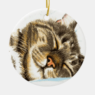 Sleeping tabby cat ceramic tree decoration