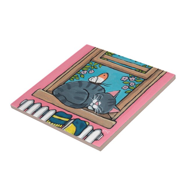 Sleeping Tabby Cat with Butterfly on Window Sill Ceramic Tile (Side)