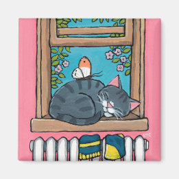 Sleeping Tabby Cat with Butterfly on Window Sill Magnet