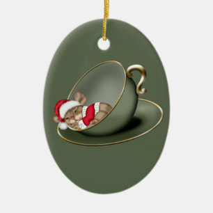 Sleeping Tea Cup Mouse 2 Sided Ceramic Ornament