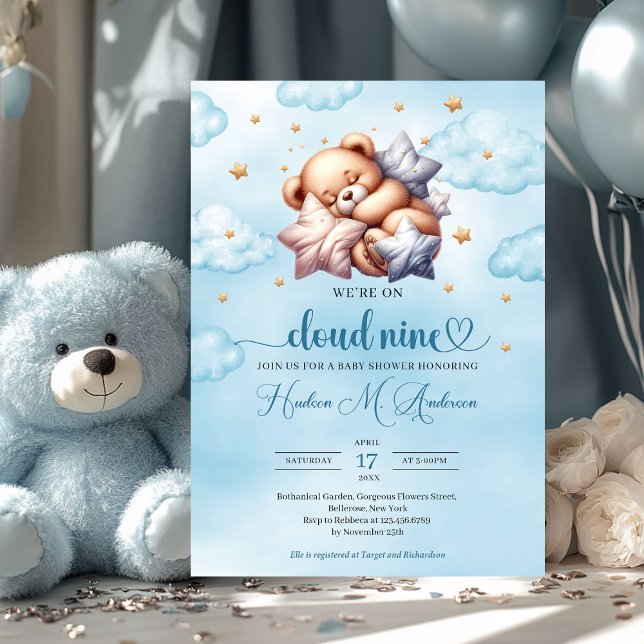 Sleeping teddy bear cloud 9 Boy Baby Shower Invitation (cloud nine - sleeping teddy bear blue and gold boy baby shower invitation)