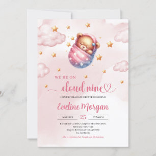 Sleeping teddy bear cloud nine girl baby shower invitation