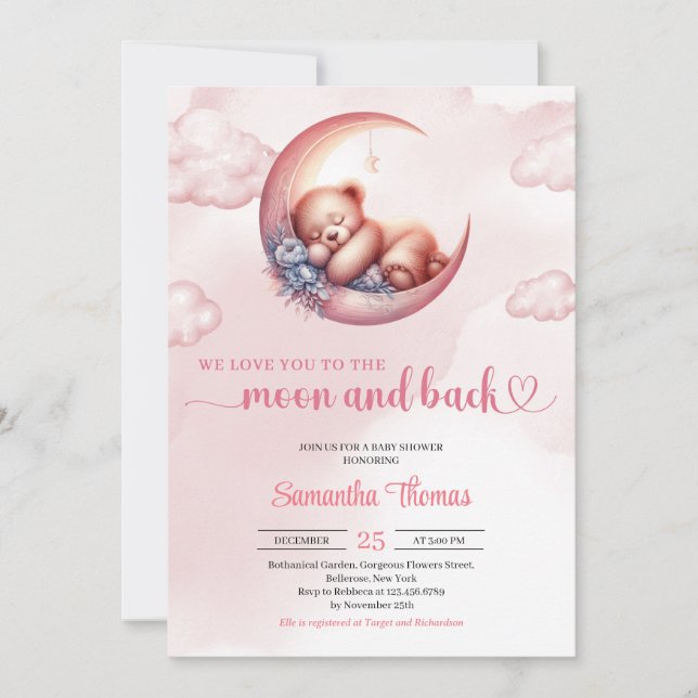 Sleeping Teddy bear moon and back girl baby shower Invitation (Front)