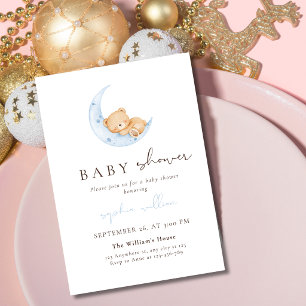 Sleeping Teddy Bear on Blue Moon Baby Shower Invitation