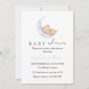 Sleeping Teddy Bear on Blue Moon Baby Shower Invitation