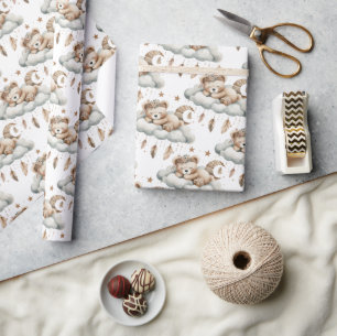 Sleeping teddy bear on cloud nine brown grey boho wrapping paper