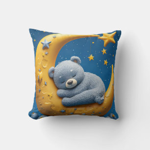 Sleeping Teddy Bear On Crescent Moon Cushion