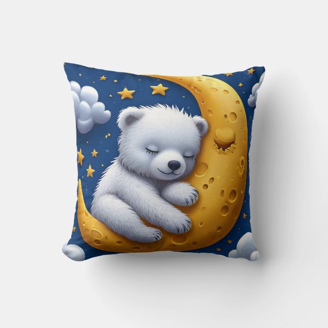 Sleeping Teddy Bear On Crescent Moon Cushion (Front)