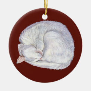 Sleeping Treasure White cat painting art Ceramic Tree Decoration