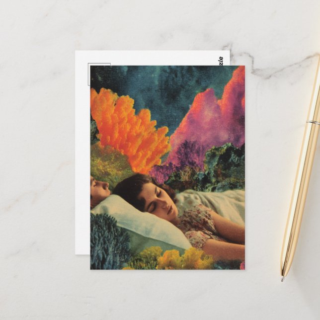 Sleeping under the Sea Surreal Mixed media collage Postcard (Front/Back In Situ)