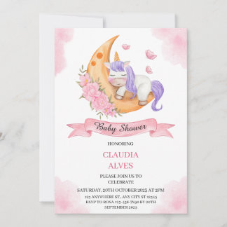 Sleeping Unicorn Moon Baby Shower Invitation
