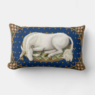 Sleeping Unicorn on a Deep Blue Floral Lumbar Cushion