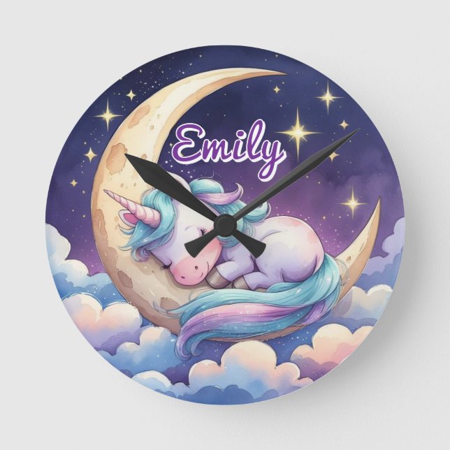 Sleeping Unicorn on Moon Editable Name Clock (Front)