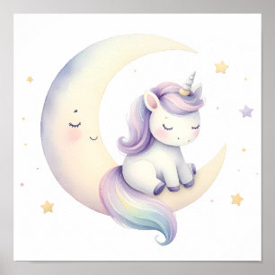 Sleeping Unicorn on Moon Enchanting Girl's Nursery Poster