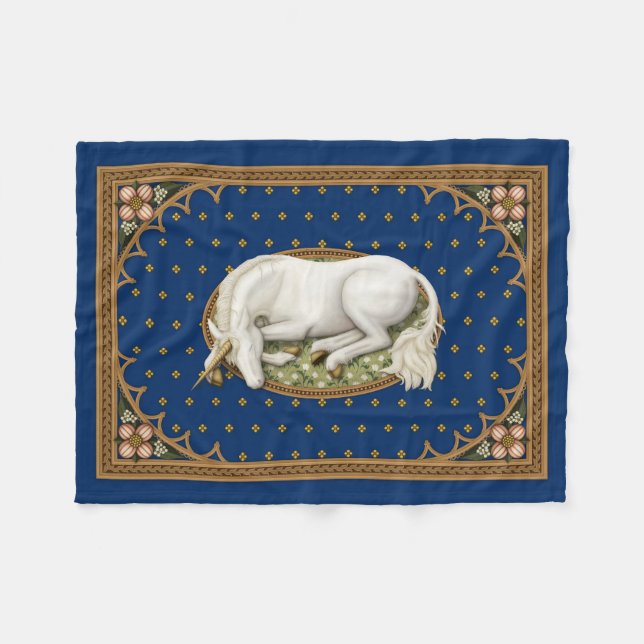 Sleeping Unicorn Royal Blue Mediaeval Fleece Blanket (Front (Horizontal))
