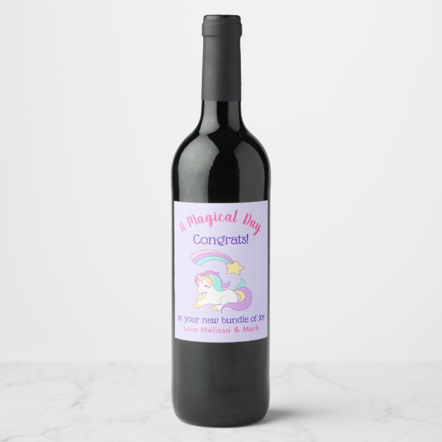 Sleeping Unicorn & Shooting Star New Baby Congrats Wine Label (Front)