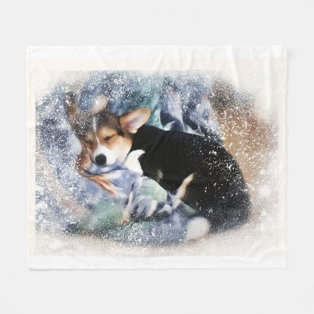 Sleeping Welsh Corgi Fleece Blanket (Front (Horizontal))