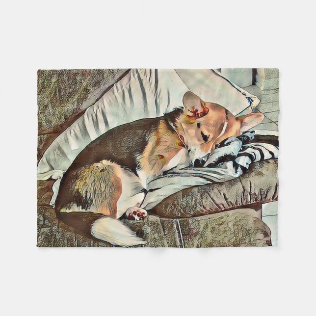 Sleeping Welsh Corgi on Couch Fleece Blanket (Front (Horizontal))