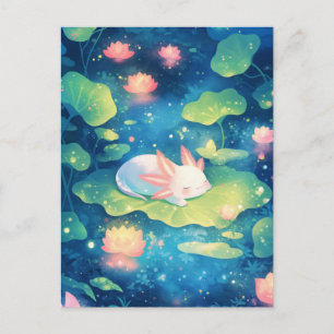 Sleeping White Axolotl in Magical Night Lily Pond Postcard