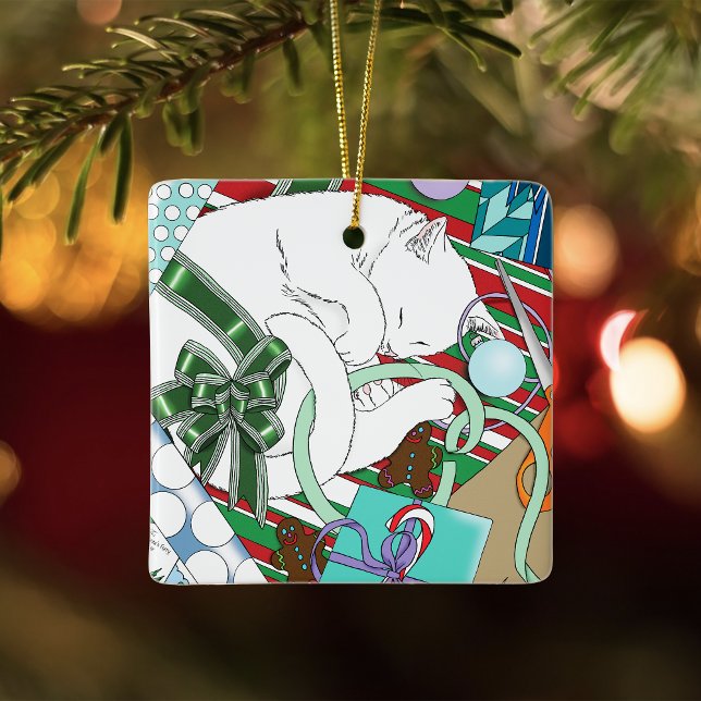 Sleeping White Cat Christmas Wrapping Paper Ceramic Ornament (Creator Uploaded)