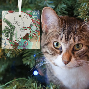 Sleeping White Cat Christmas Wrapping Paper Glass Tree Decoration