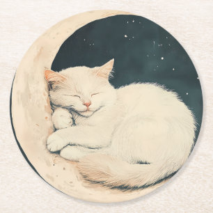 Sleeping White Cat on Crescent Moon – Dreamy Night Round Paper Coaster