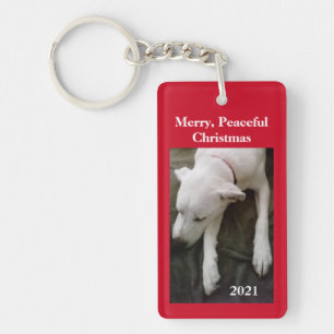 Sleeping White Puppy Dog Red Christmas Keychain