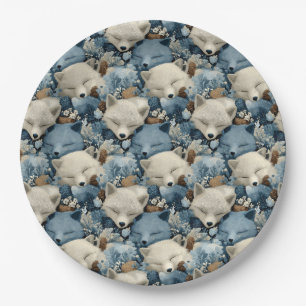 Sleeping Winter Foxes Pattern with Blue a White Paper Plate