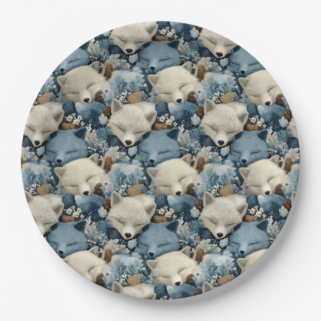 Sleeping Winter Foxes Pattern with Blue a White Paper Plate (Front)