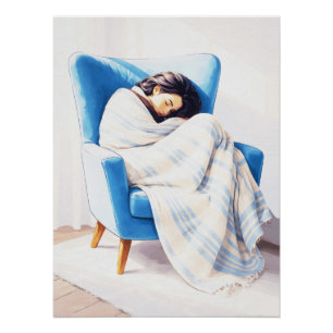 Sleeping Woman in Blue Armchair Cosy Blanket Poster