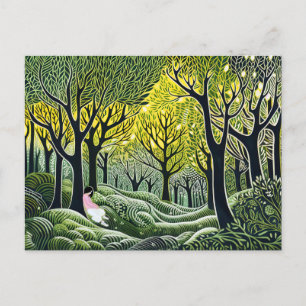 Sleeping woman in forest. Abstract linoleum art Holiday Postcard