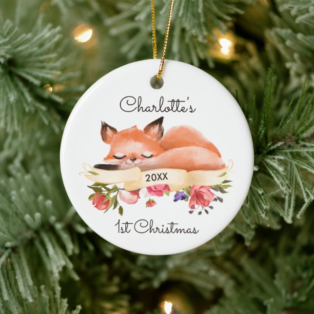 Sleeping Woodland Fox Personalised Baby's 1st Xmas Ceramic Ornament (Tree)