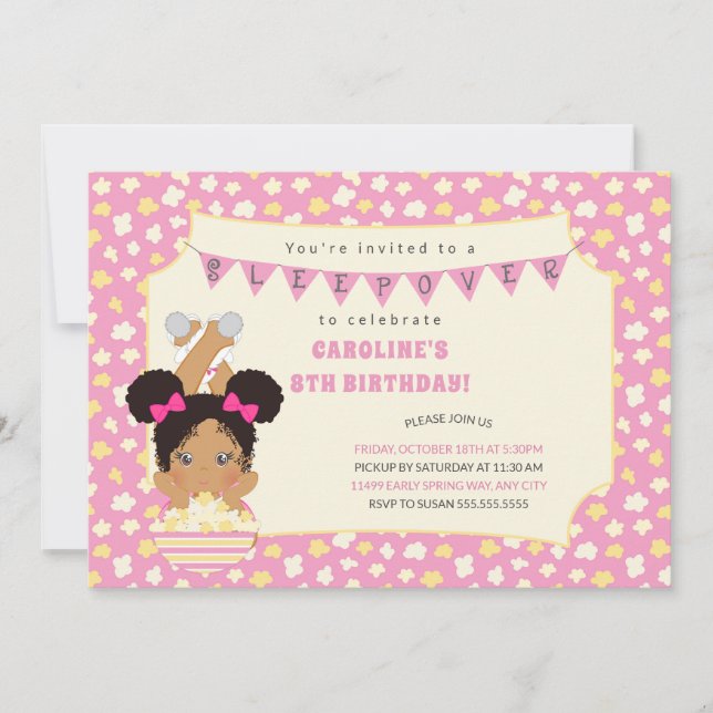 Sleepover birthday, African American girl Invitation (Front)