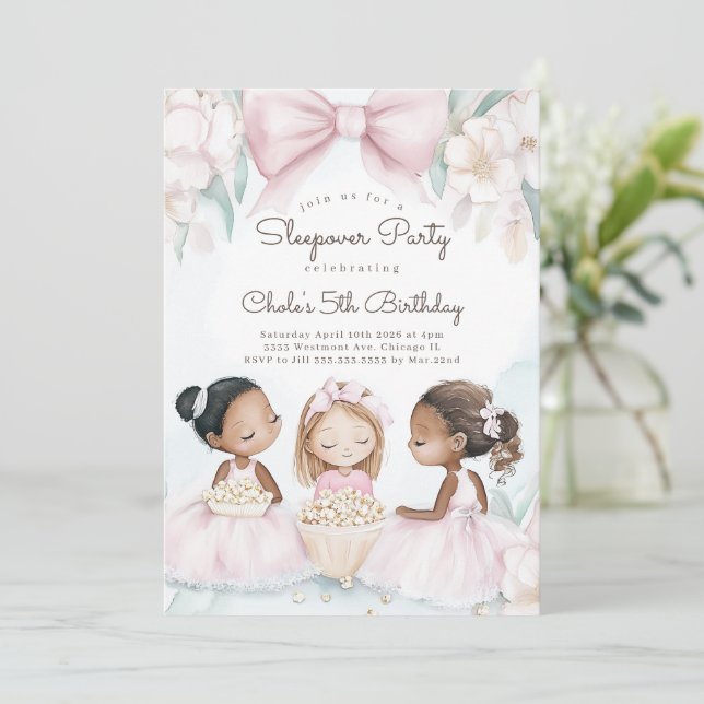 Sleepover Birthday party Movie night Girl birthday Invitation (Standing Front)