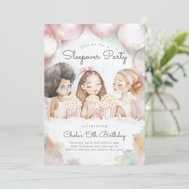 Sleepover Birthday party Movie night Girl birthday Invitation (Standing Front)