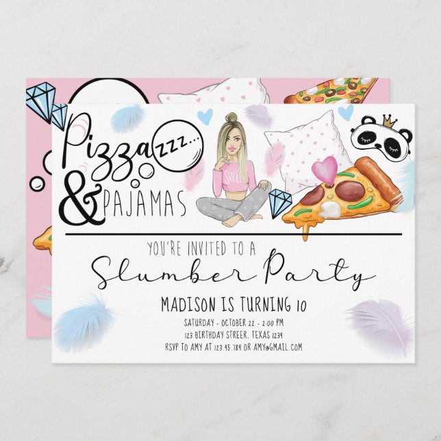 Sleepover Birthday Party Pizza & Pyjamas  Invitation (Front/Back)